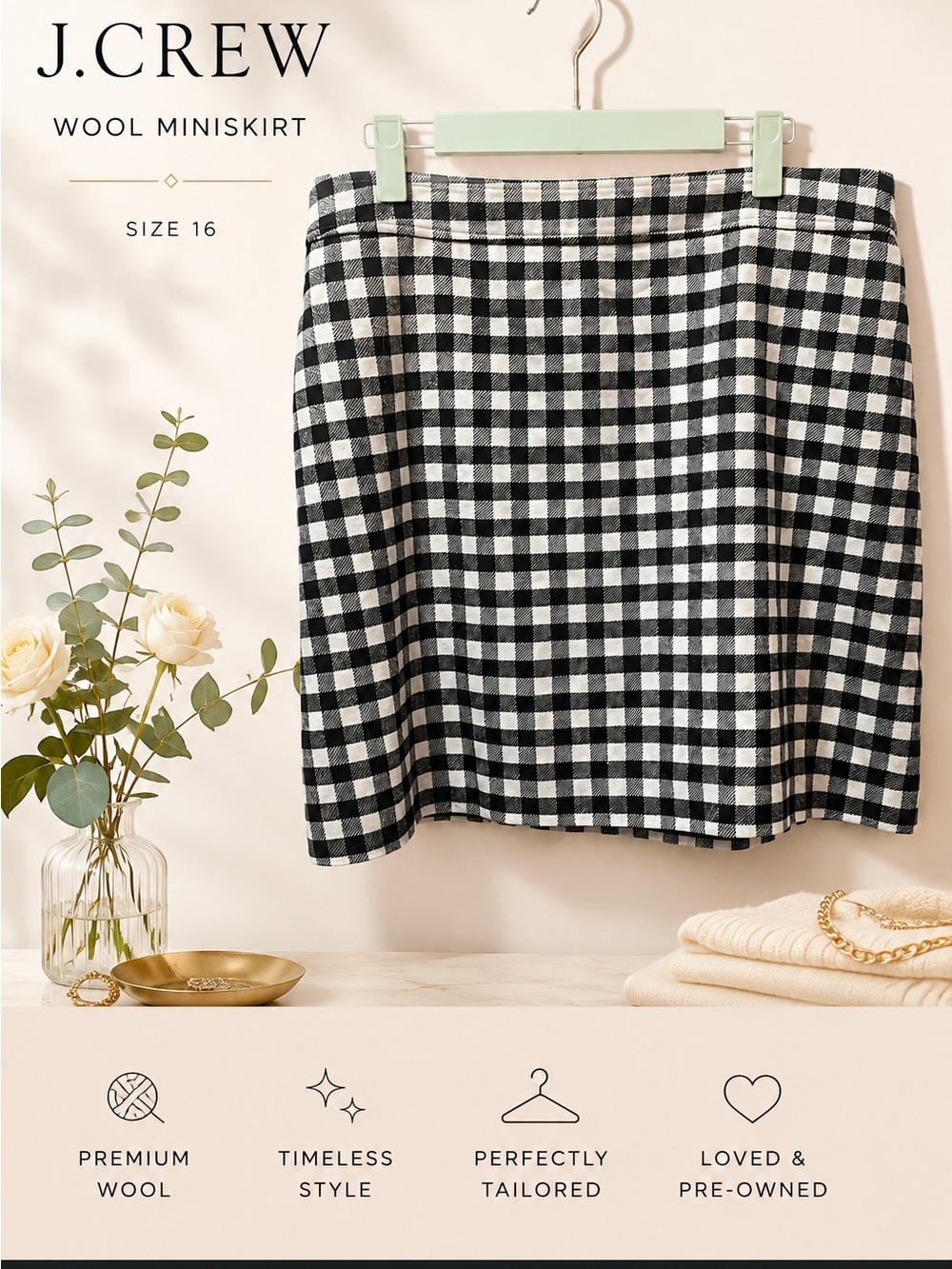 J. Crew Black & White Gingham Wool Mini Skirt